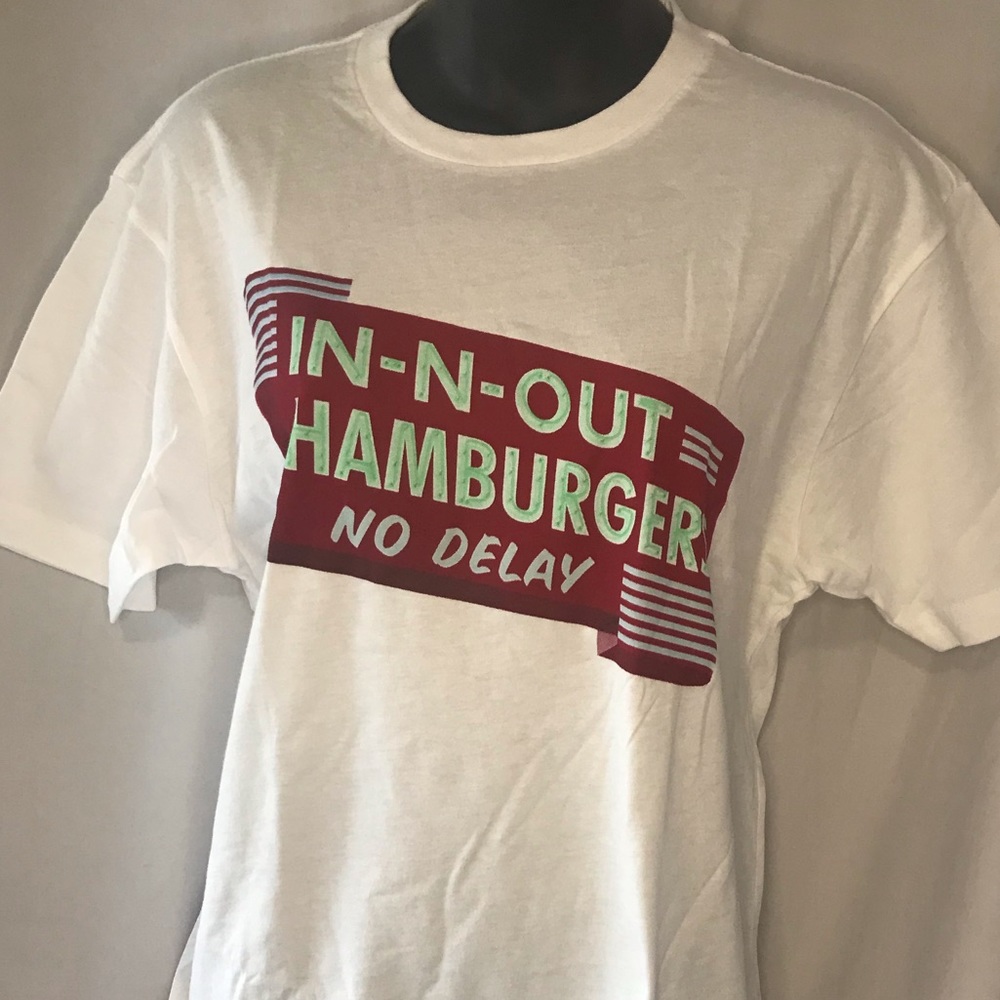 In & Our burger No Delay white t shirt medium